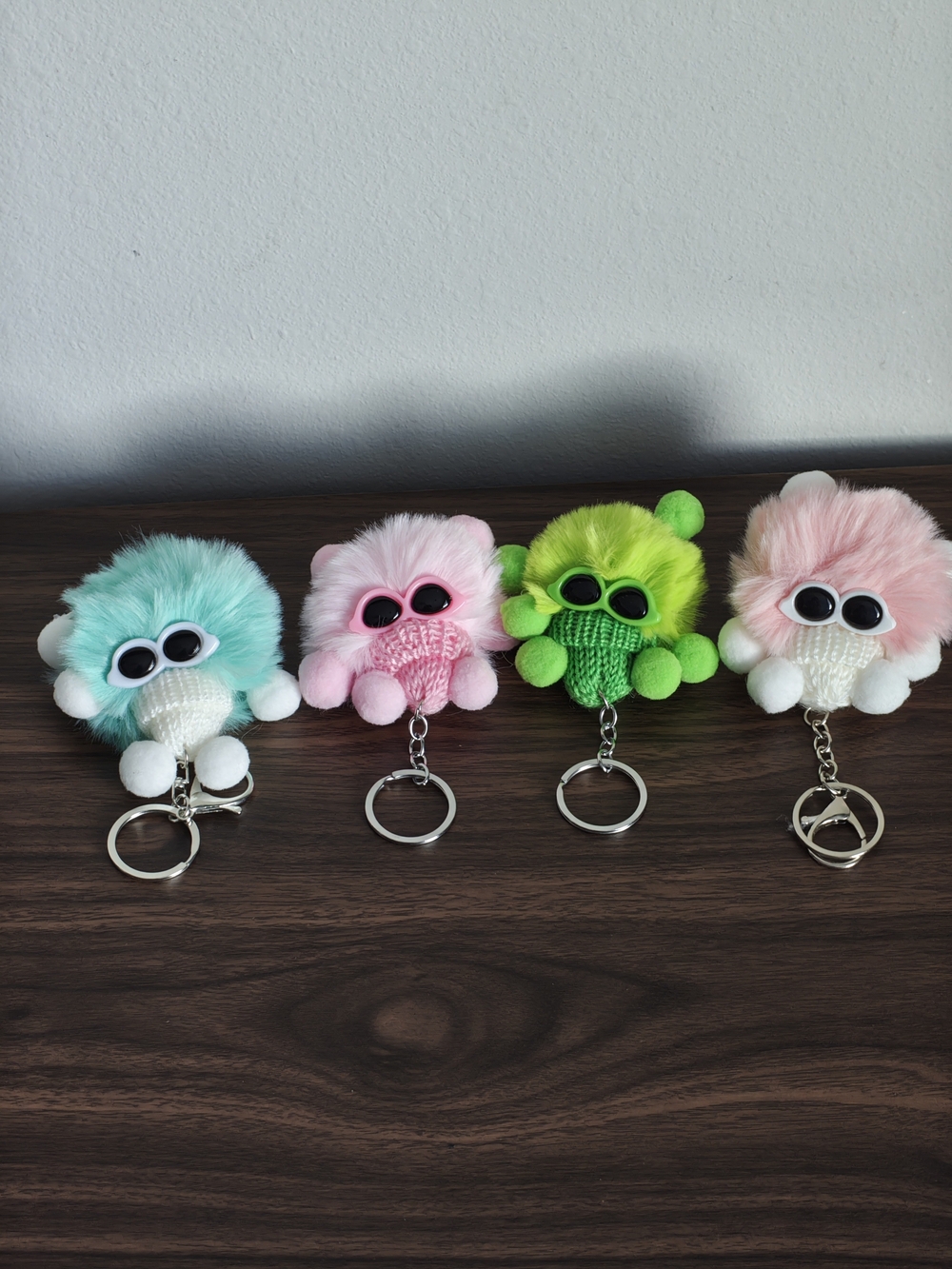 Lot Of 4 Plush Pom Keychain Pet Toy - Pink, Green, Blue, Cream